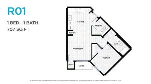 Floor plan for 1 bed, 1 bath, 668 sqft
